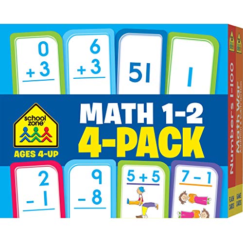 School Zone - Math 1-2 4-Pack Flash Cards - Ages 4+, 1st Grade, 2nd Grade, Addition 0-12, Subtraction 0-12, Numbers 1-100, Math War Addition & Subtraction, Numerical Order, Counting, and More