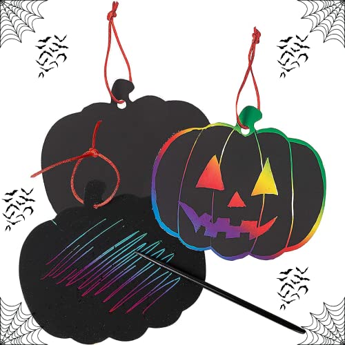 Neliblu Halloween Scratch Art Trick or Treak Paper Crafts Kit Bulk Pack of Halloween Pumpkins with Magic Rainbow Colors - 24 Pumpkin Ornaments, 24 Scratch Sticks, 24 Ribbons
