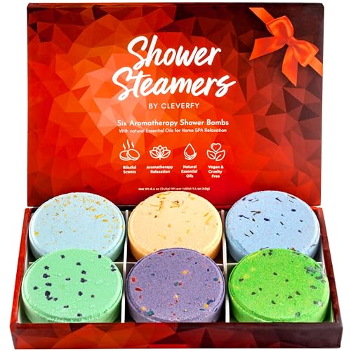 Cleverfy Shower Steamers Aromatherapy - Variety Gift Box of 6 Shower Bombs with Essential Oils. Self Care Birthday Gifts for Women and Gifts for Her and Him. Red Set