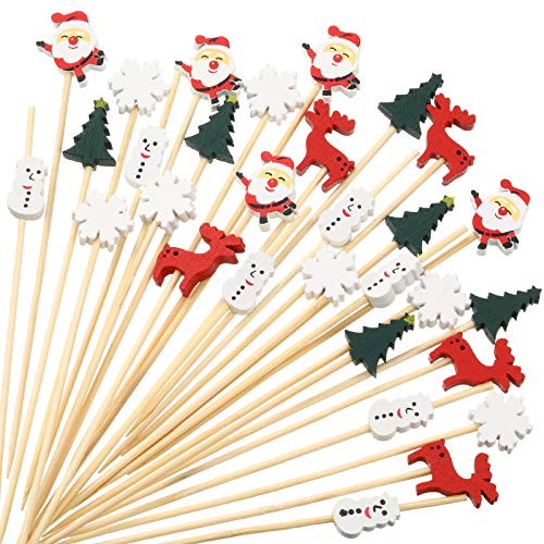 100 Pieces Christmas Cocktail Picks Assorted Handmade Santa Claus Snowflake Snowman Christmas Tree Elk Fruits Bamboo Toothpicks for Drink Fruit Dessert Food Appetizers Decoration