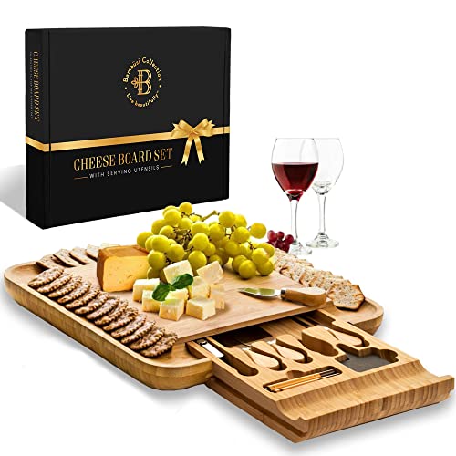 Premium Bamboo Cheese Board: Large Charcuterie Boards Set Including 4 Stainless Steel Knife & Wine Opener - Cheese Platter & Serving Tray | Mothers day Gift, Wedding Gifts, Housewarming Gift Idea