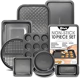 Perlli Baking Pan 10 Piece Set Nonstick Carbon Steel Gray Oven Bakeware Kitchen Set, 2 Cookie Sheets, 2 Round Cake Pans, Square Pan, Roasting Pan, Loaf Pan, Crisp Pan, Pizza Crisper, & Muffin Pan