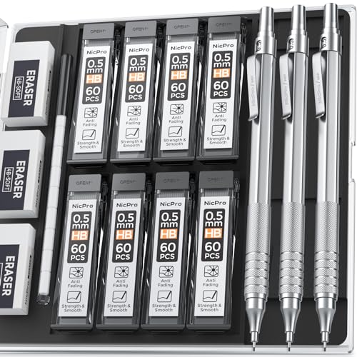 Nicpro 0.5 mm Mechanical Pencils Set with Case, 3 MP1000 Metal Artist Pencil & 480PCS HB Lead Refills, 3 Erasers,9 Eraser Refills For Architect Writing Drafting,Drawing, Engineering, Sketching, Silver