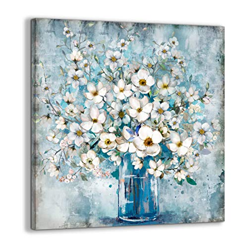 Wijotavic Bathroom Wall Decor - Blue Flower Picture Artwork for Walls - 14x14 Inches Blue and White Floral Wall Art for Office Bedroom Canvas Wall Art