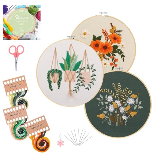 Santune 3 Sets Embroidery Kit for Beginners Needlepoint Cross Stitch Kits for Adults,Stitch Learning DIY Kit with Easy Instruction Video,Stamped Floral Embroidery Patterns,Hoop,Threads,Sewing Hobby