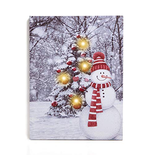 NIKKY HOME 12' x 16' Holiday LED Lighted Canvas Wall Art Prints with Snowman and Christmas Tree Picture Snow Covered Winter Scene Decor
