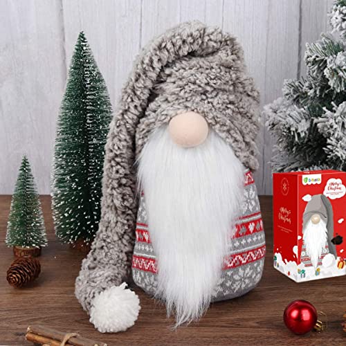 D-FantiX Christmas Gnome Plush 13 Inch Large Swedish Tomte Gnome Ornaments with Long Hat Holiday Scandinavian Christmas Decorations for Home (Grey, Nose Without Light)