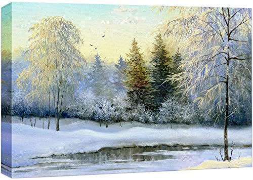wall26 Canvas Print Wall Art Winter Forest Landscape with Frozen Lake Nature Wilderness Illustrations Modern Art Rustic Scenic Colorful Multicolor for Living Room, Bedroom, Office - 16'x24'