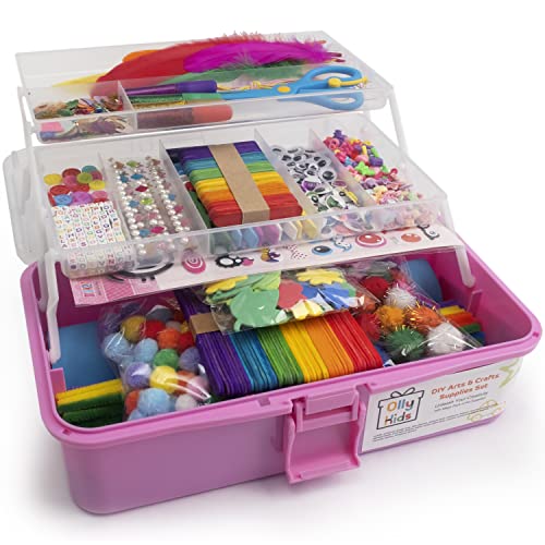 Olly Kids Arts and Crafts Supplies for Kids Girls 4 5 6 7 8 9 10 11 & 12- Ultimate Crafting Supply Set in Portable 3 Layered Plastic Art Box