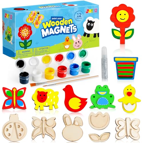 JOYIN 12 Wooden Magnet Creativity Arts & Crafts Painting Kit for Kids, Decorate Your Own Painting Gift for Easter Basket Stuffers, Birthday Parties and Family Crafts, Party Favors for Boys Girls