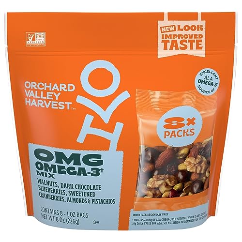 Orchard Valley Harvest Omega 3 Mix, Walnuts, Cranberries, Almonds, and Pistachios, 1 Oz Bags, 8 Ct