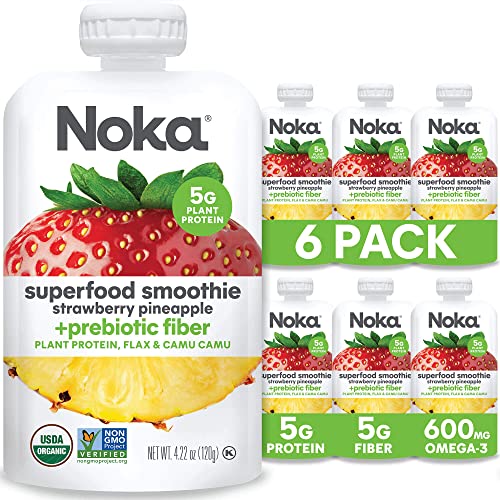 Noka Superfood Fruit Smoothie Pouches, Healthy Snacks (Strawberry Pineapple) Pack of 6, Vegan, Gluten-Free, with Flax Seed, Prebiotic Fiber & Plant Protein, Organic Squeeze Pouch 4.22oz Each