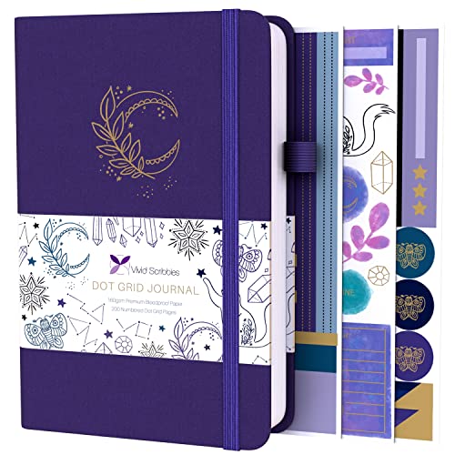 VIVID SCRIBBLES Dotted Journal – 160gsm Bleed Proof Thick White Paper – 200 Numbered Dot Grid Pages – 5.8 x 8.3 inch Dotted Bullet Notebook (purple)