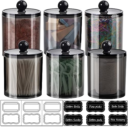 6 Pack of 12 Oz. Qtip Dispenser Apothecary Jars Bathroom with Labels - Holder Storage Canister Clear Plastic Acrylic Jar for Ball,Cotton Swab,Cotton Rounds,Floss Picks, Hair Clips (Black)