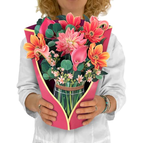 Freshcut Paper Pop Up Cards, Dear Dahlia, 12 inch Life Sized Forever Flower Bouquet 3D Popup Greeting Cards with Note Card and Envelope - Dahlia & Cala Lily Flowers