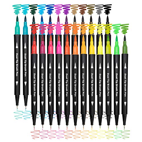 Dual Brush Marker Pens,24 Colored Markers,Fine Point and Brush Tip for Kids Adult Coloring Books Bullet Journals Planners,Note Taking Coloring Writing