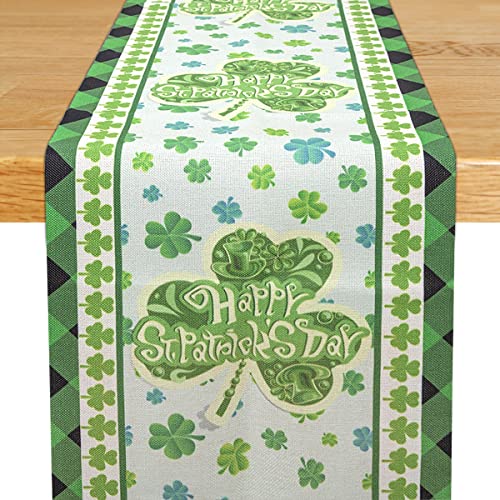 St Patricks Day Shamrock Table Runner 14 x 74 Inch,Pure Linen,Seasonal Spring Holiday Kitchen Dining Table Decoration for Home Decorations, Party, Dinner and Gatherings