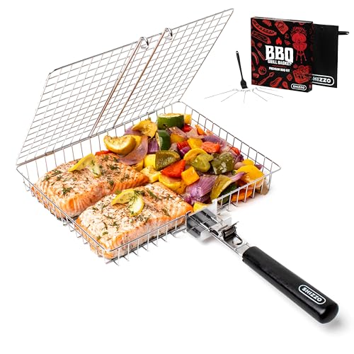 Grill Basket, Barbecue BBQ Grilling Basket , Stainless Steel Large Folding Grilling baskets With Handle, Portable Outdoor Camping BBQ Rack for Fish, Shrimp, Vegetables, Barbeque Griller Cooking Accessories