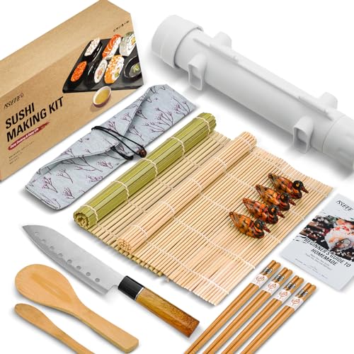 ISSEVE Sushi Making Kit/Sushi Bazooka Maker with Bamboo Mats and Chopsticks, Paddle, Spreader, Sushi Knife, DIY Sushi Roller Machine