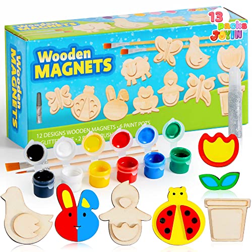 JOYIN 13 Wooden Magnet Creativity Arts & Crafts Painting Kit for Kids, Decorate Your Own Painting Gift for Easter Basket Stuffers, Birthday Parties and Family Crafts, Party Favors for Boys Girls