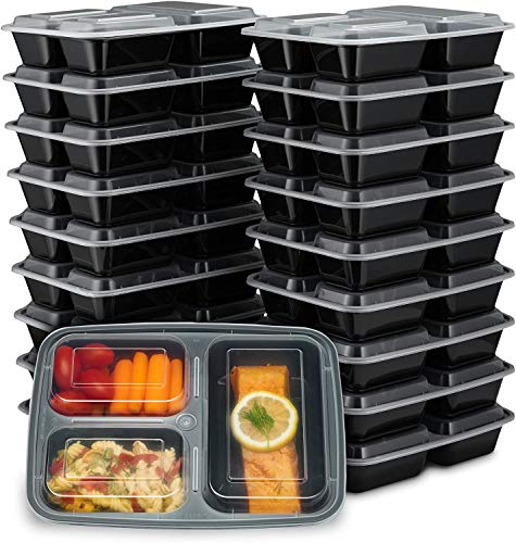 Ez Prepa [20 Pack] 32oz 3 Compartment Meal Prep Containers with Lids - Bento Box - Plastic - Stackable, Reusable, Microwaveable & Dishwasher Safe
