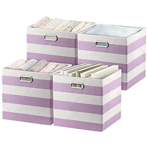 Storage Bins Storage Cubes,13×13 Collapsible Storage Boxes Containers Organizer Baskets for Nursery,Office,Closet,Shelf - 4pcs,Purple-white Striped