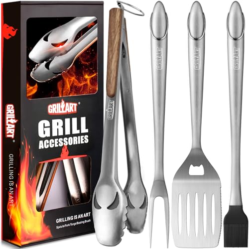 GRILLART BBQ Tools Grill Tools Set - 18Inch Grilling Tools BBQ Set - Grill Accessories w/BBQ Tongs, Spatula, Fork, Brush - Stainless Grill Kit Grilling Set - Gift Ideas BBQ Accessories, Gifts for Men