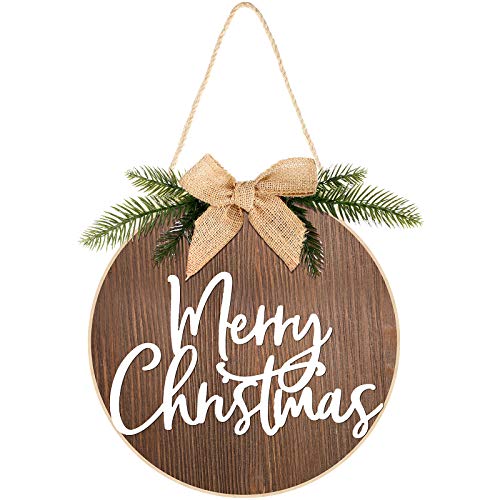 Christmas Sign Merry Christmas Decorations Wreath Hanging Sign Rustic Burlap Wooden Holiday Decor for Christmas Home Window Wall Farmhouse Indoor Outdoor(Brown with White)