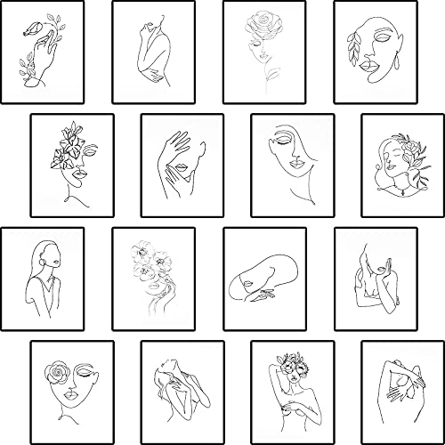 wall art 16 Pieces 8 x 10 Inch Minimalist Line Art Wall Decor Women Body Black and White Abstract Drawings Aesthetic Posters Line Wall Unframed Art for Girls Women Apartment Room