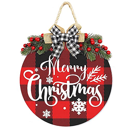 Merry Christmas Decorations Wreath, Merry Christmas Buffalo Plaid Hanging Sign Rustic Wooden Holiday Decor for Front Door Porch Window Wall Farmhouse Indoor Outdoor Decorations (Merry Christmas)