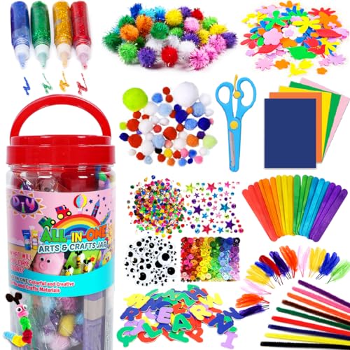 FUNZBO Arts and Crafts Supplies - Crafts for Girls 4, 5, 6, 7, 8, 9 Years Old with Pipe Cleaners Craft, Popsicle Sticks for Crafts, Glitter Glue Stick & Gloogly Eyes, Birthday Gifts for Kids