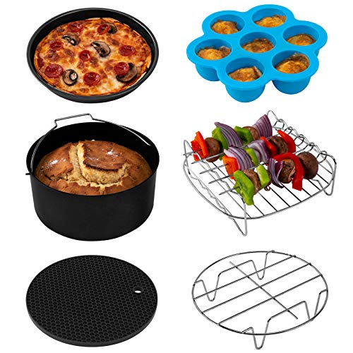 COSORI Air Fryer Accessories, Set of 6 Perfect for Most 5.0 Qt and Larger Ovens, Cake & Pizza Pan, Metal Holder, Rack & Skewers, etc, BPA Free, Nonstick, Dishwasher Safe, 5.8 QT, Black