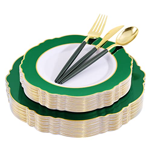 WDF 30Guest Green Plastic Plates - Gold Plastic Silverware With Green Handle - Christmas Plates Disposable - Baroque Green &Gold Plastic Dinnerware for Christmas Plates Party