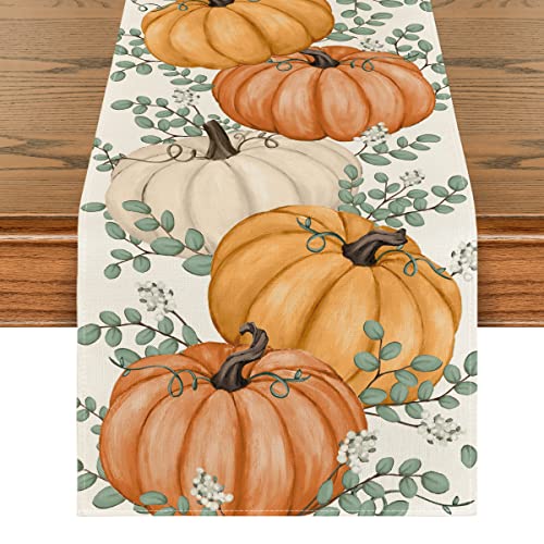 Artoid Mode Orange Pumpkins Eucalyptus Leaves Fall Table Runner, Autumn Thanksgiving Kitchen Dining Table Decoration for Home Party Decor 13x72 Inch
