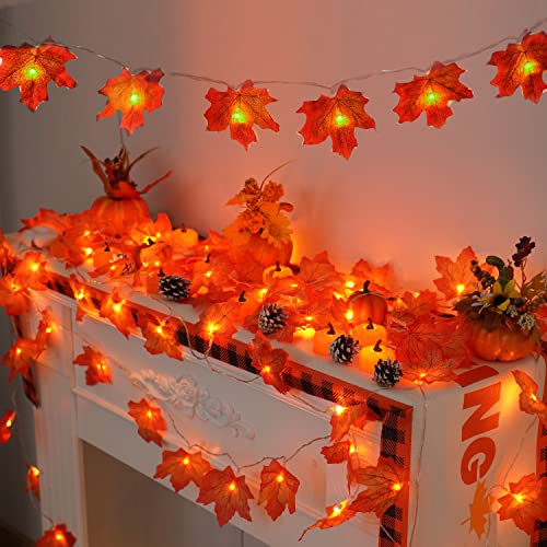 YEGUO 2 PCS Thanksgiving Decorations for Home, Thanksgiving Lights Battery Operated, Total 20ft 40 LED Lighted Fall Garland Maple Leaves for Halloween Holiday Autumn Harvest Fall Thanksgiving Decor