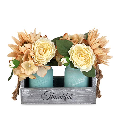 Besuerte Rustic Table Centerpiece Decor-Decorative Thankful Wood Tray with 2 Painted Mason Jars, Rose Bouquet Flowers for Home,Dining Room, Living Room, Kitchen, New Home Housewarming Gift,Blue