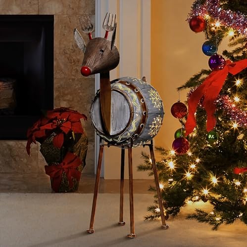 Alpine Corporation 33' H Indoor/Outdoor Metal Barrel Reindeer Christmas Holiday Decoration with LED Lights