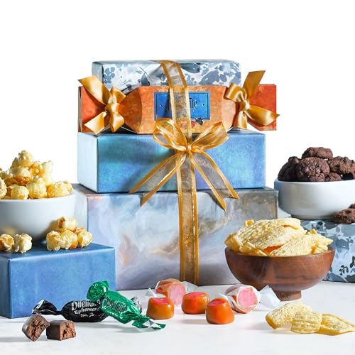 Broadway Basketeers Chocolate Food Gift Basket Tower Snack Gifts for Families, College, Delivery for Christmas Holidays, Appreciation, Thank You, Corporate, Get Well Soon, Care Package