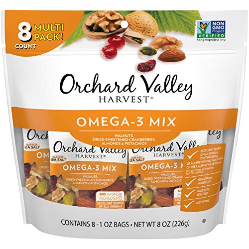 Orchard Valley Harvest Omega-3 Mix, 1 Ounce Bags (Pack of 8), Walnuts, Cranberries, Almonds, and Pistachios, Gluten Free, Non-GMO, No Artificial Ingredients