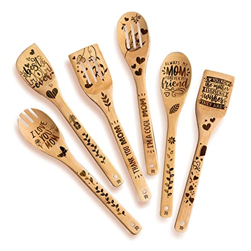 Riveira Gifts for Mom wooden spoons for Cooking & Serving 6 Pcs Set - Mothers Day Mom Gifts for Her Kitchen - Gifts for Mom Who Has Everything - Kitchen Fun with Birthday Gift for Mom from Daughter