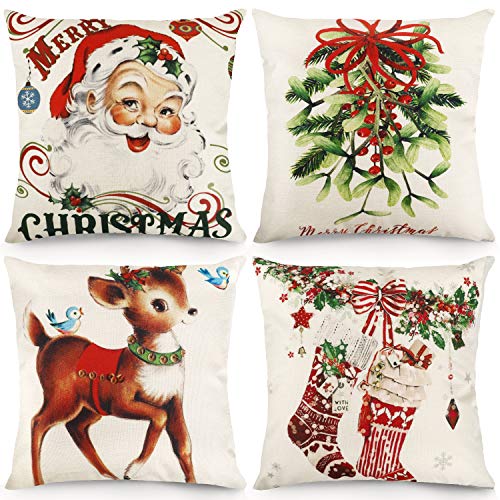CDWERD Christmas Pillow Covers 18x18 Inches Set of 4 Vintage Christmas Decorations Throw Pillowcase Cotton Linen for Home Couch Decor