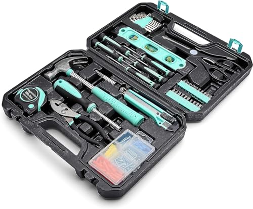 AmazonBasics Household Tool Kit with Tool Storage Case - 142-Piece, Turquoise