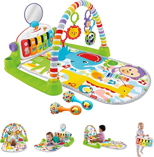 Fisher-Price Baby Playmat Deluxe Kick & Play Piano Gym & Maracas with Smart Stages Learning Content, 5 Linkable Toys & 2 Soft Rattles (Amazon Exclusive)
