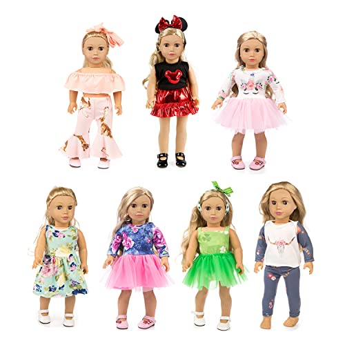 XFEYUE 7 Sets 18 inch Doll Clothes Gifts and Accessories, Mickey,Unicorn Doll Clothes Fit American18 inch Doll