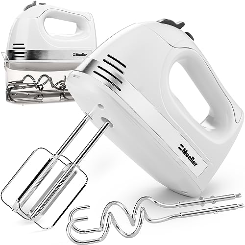 Mueller Electric Hand Mixer, 5 Speed with Snap-On Case, 250 W, Turbo Speed, 4 Stainless Steel Accessories, Beaters, Dough Hooks, Baking Supplies for Whipping, Mixing, Cookies, Bread, Cakes, White