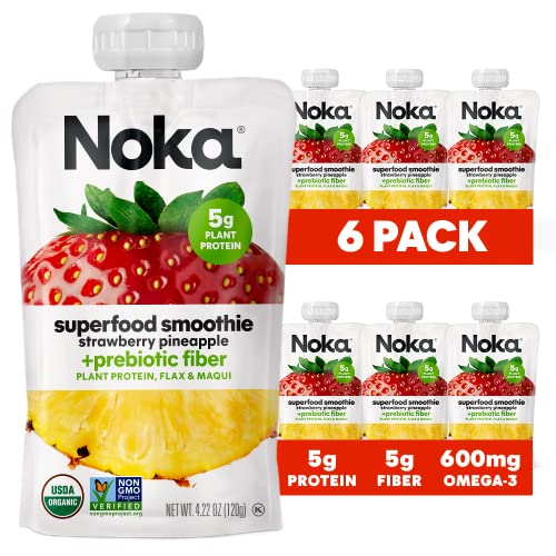 Noka Superfood Fruit Smoothie Pouches, Strawberry Pineapple, Healthy Snacks with Flax Seed, Prebiotic Fiber and Plant Protein, Vegan and Gluten Free, Organic Squeeze Pouch, 4.22 oz, 6 Count