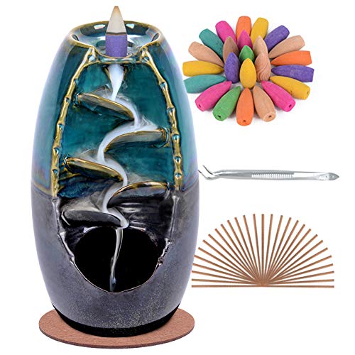 SPACEKEEPER Ceramic Backflow Incense Holder and Burner Waterfall, with 120 Backflow Incense Cones + 30 Incense Stick, Aromatherapy Ornament Home Decor, Blue Set