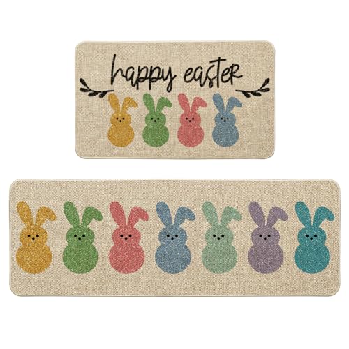 Artoid Mode Happy Easter Rabbits Decorative Kitchen Mats Set of 2, Home Seasonal Spring Easter Holiday Holiday Party Low-Profile Floor Mat - 17x29 and 17x47 Inch