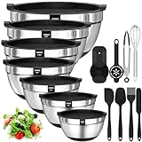 AIKKIL Mixing Bowls with Airtight Lids, 20 piece Stainless Steel Metal Nesting Bowls, Non-Slip Silicone Bottom, Size 7, 3.5, 2.5, 2.0,1.5, 1,0.67QT Great for Mixing, Baking, Serving (Black)