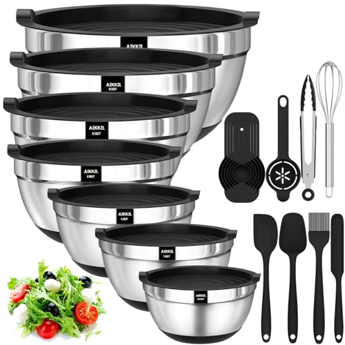 AIKKIL Mixing Bowls with Airtight Lids, 20 piece Stainless Steel Metal Nesting Bowls, Non-Slip Silicone Bottom, Size 7, 3.5, 2.5, 2.0,1.5, 1,0.67QT Great for Mixing, Baking, Serving (Black)